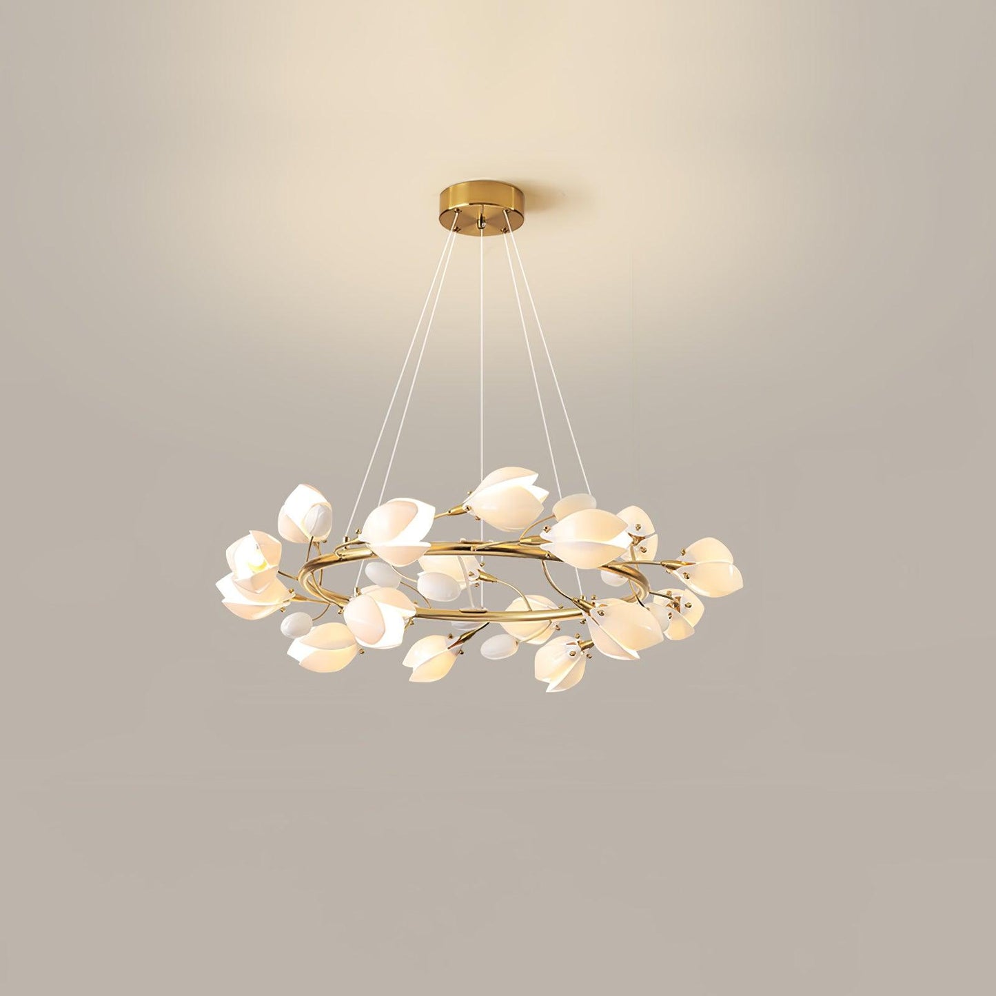 White Porcelain Magnolia Chandelier 16 heads ? 31.5″ x H 11.8″ / Dia 80cm x H 30cm / Gold & White Ceramic Chandelier