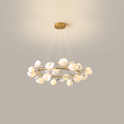 Porcelain Magnolia Chandelier 16 heads ? 31.5″ x H 11.8″ / Dia 80cm x H 30cm / Gold & White Ceramic Chandelier