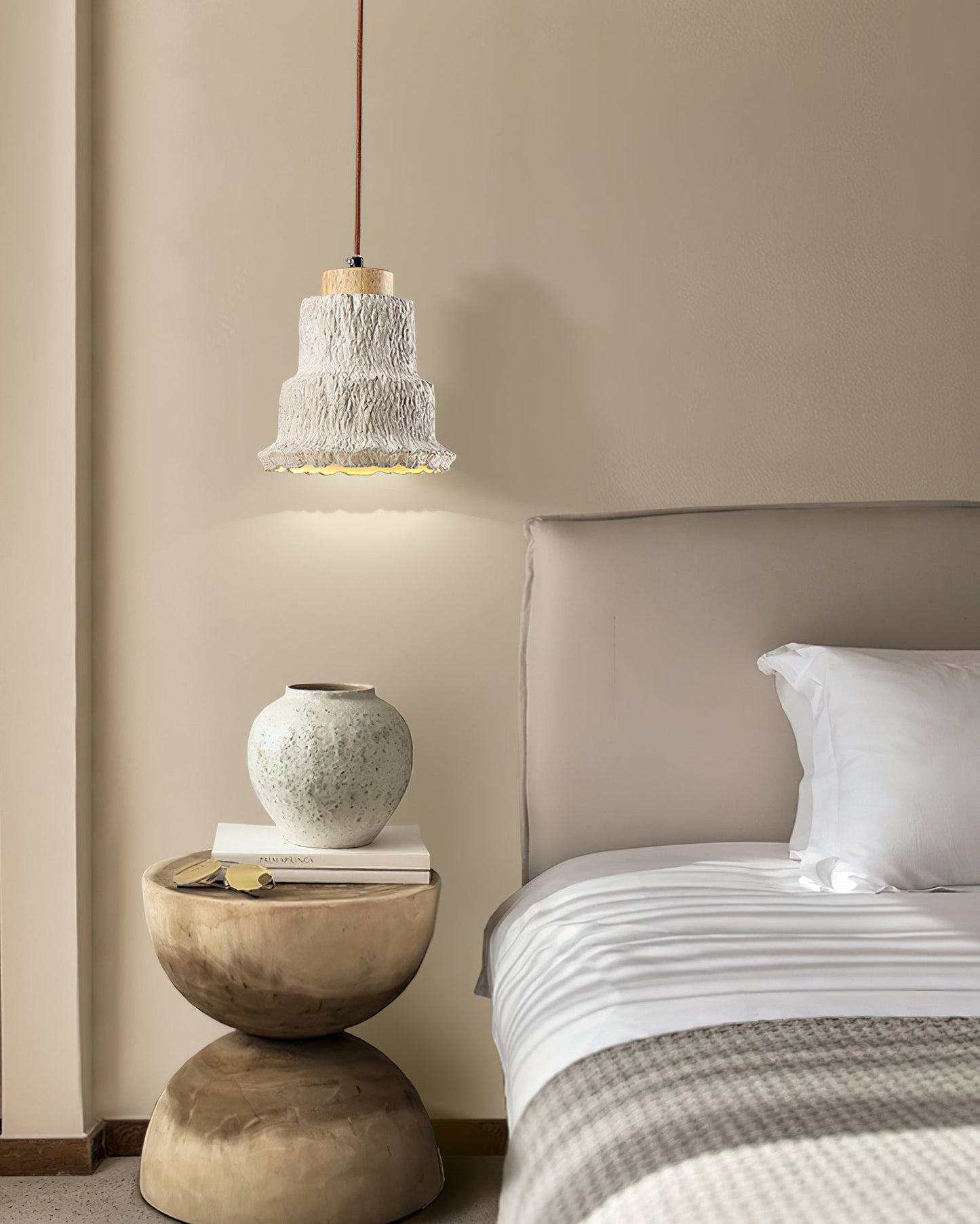 Boulder Pendant Light Dia 6.7″ x H 7.3″ / Yellow Travertine & Wood Color Pendant light
