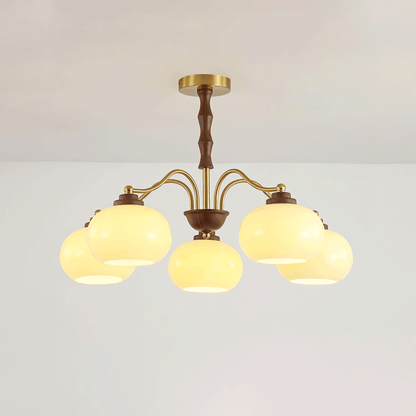 Persimmon Glass Globe Chandelier 5 heads Dia 27.6″ x H 16.9″ / Dia 70cm x H 43cm / Gold & Beige Chandelier