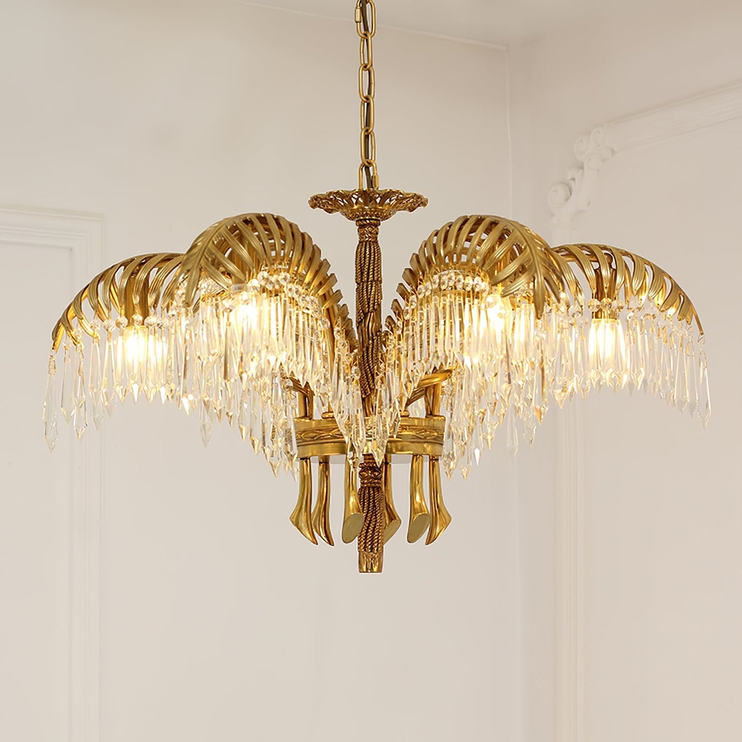 Brass Palm Leaf Crystal Chandelier Chandelier