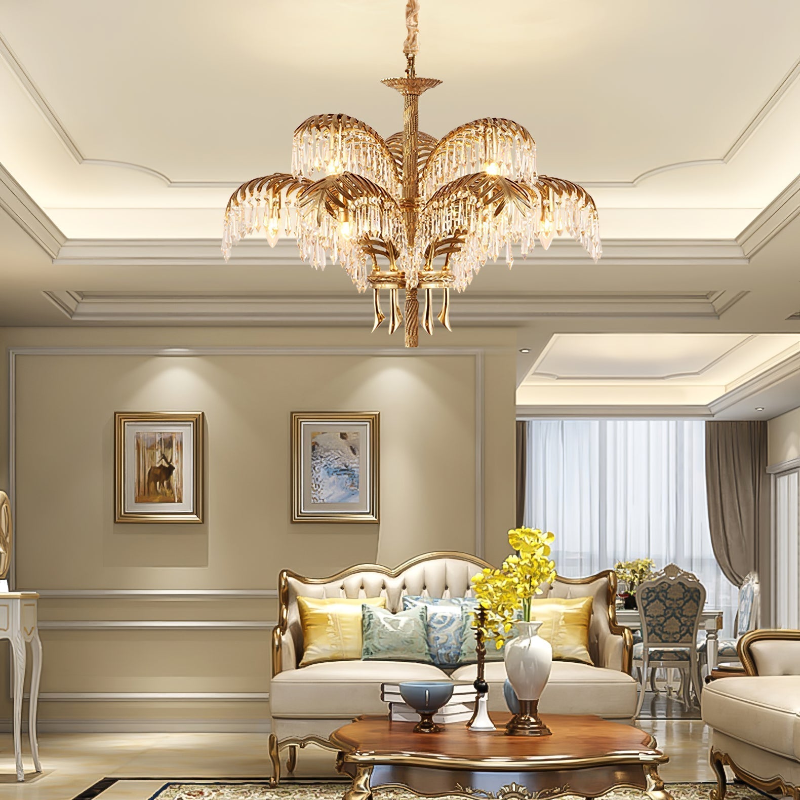 Brass Palm Leaf Crystal Chandelier Chandelier