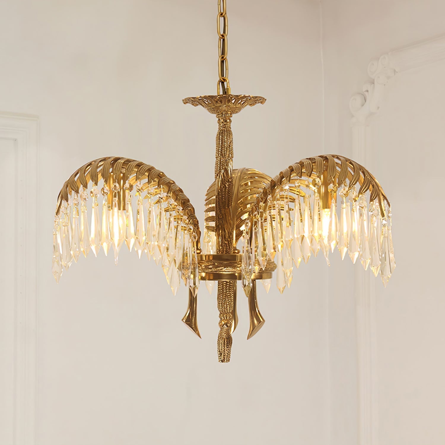 Brass Palm Leaf Crystal Chandelier Chandelier