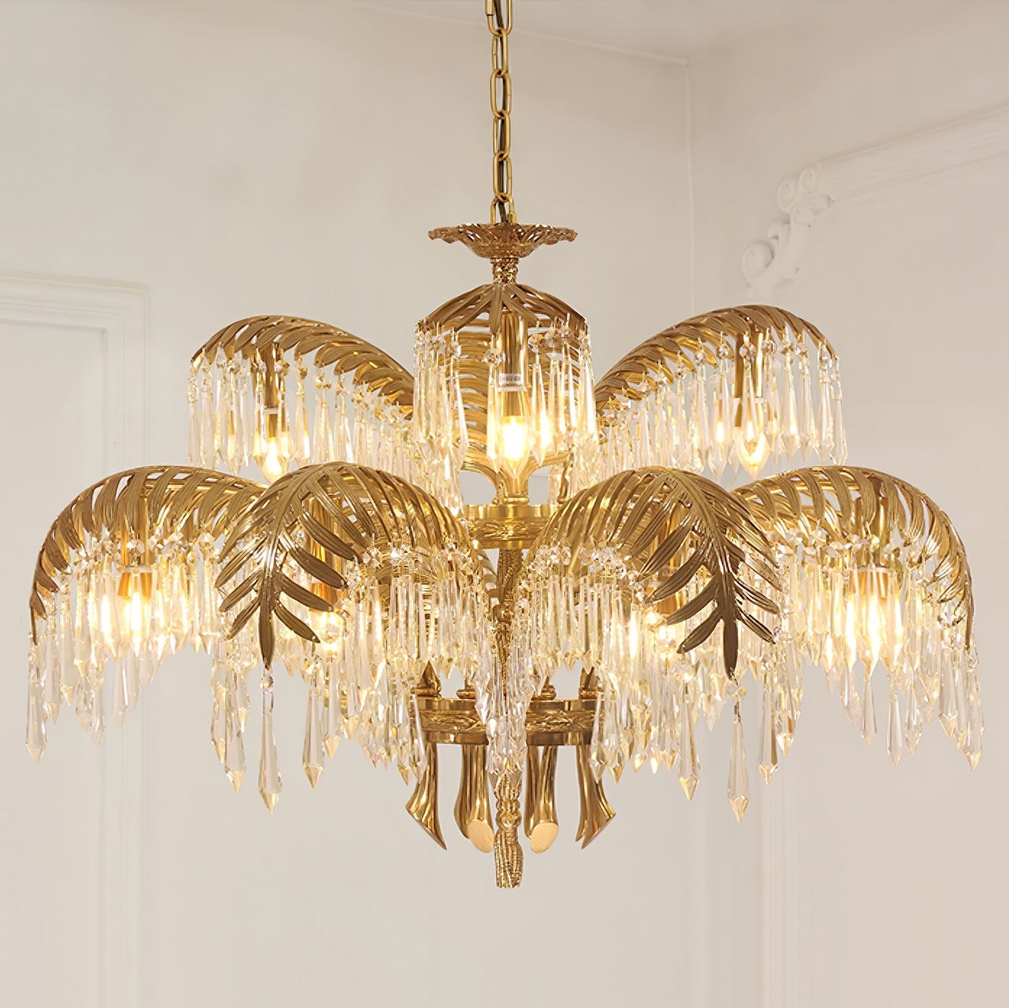 Brass Palm Leaf Crystal Chandelier Chandelier