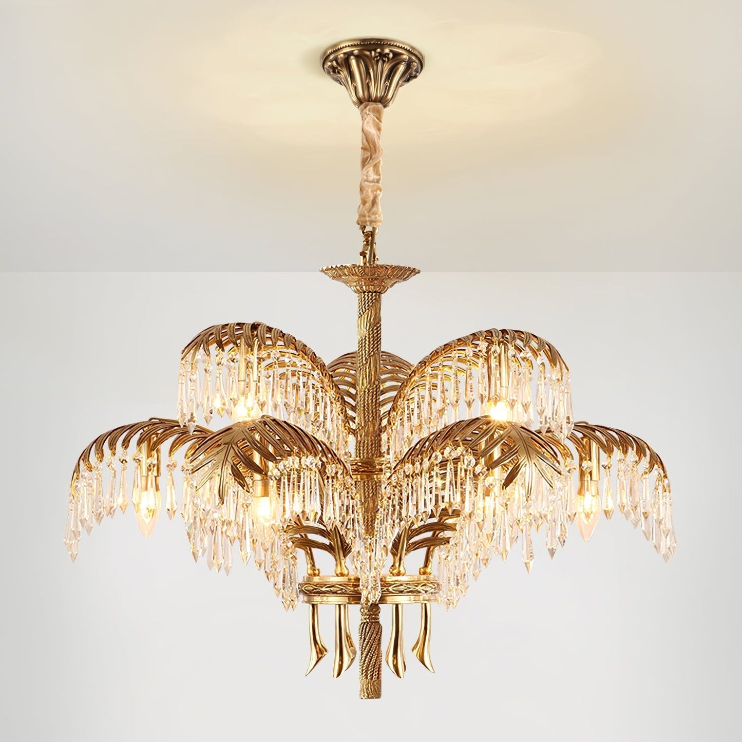 Brass Palm Leaf Crystal Chandelier Chandelier