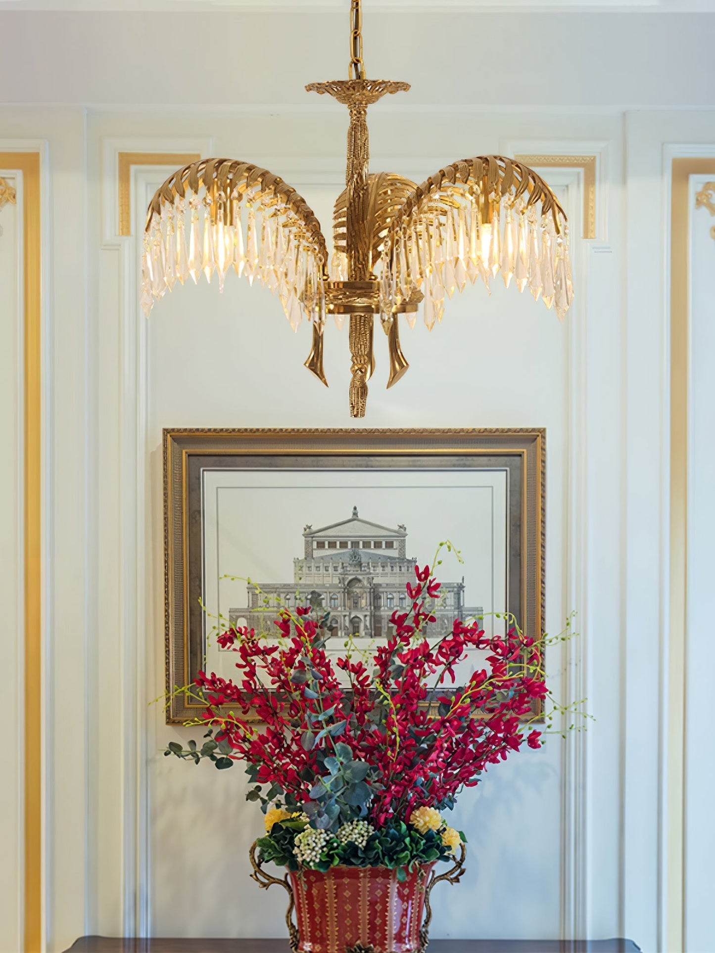 Brass Palm Leaf Crystal Chandelier Chandelier