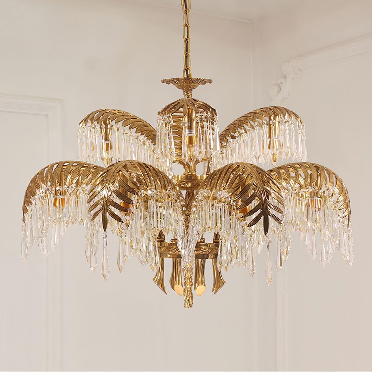 Brass Palm Leaf Crystal Chandelier Chandelier