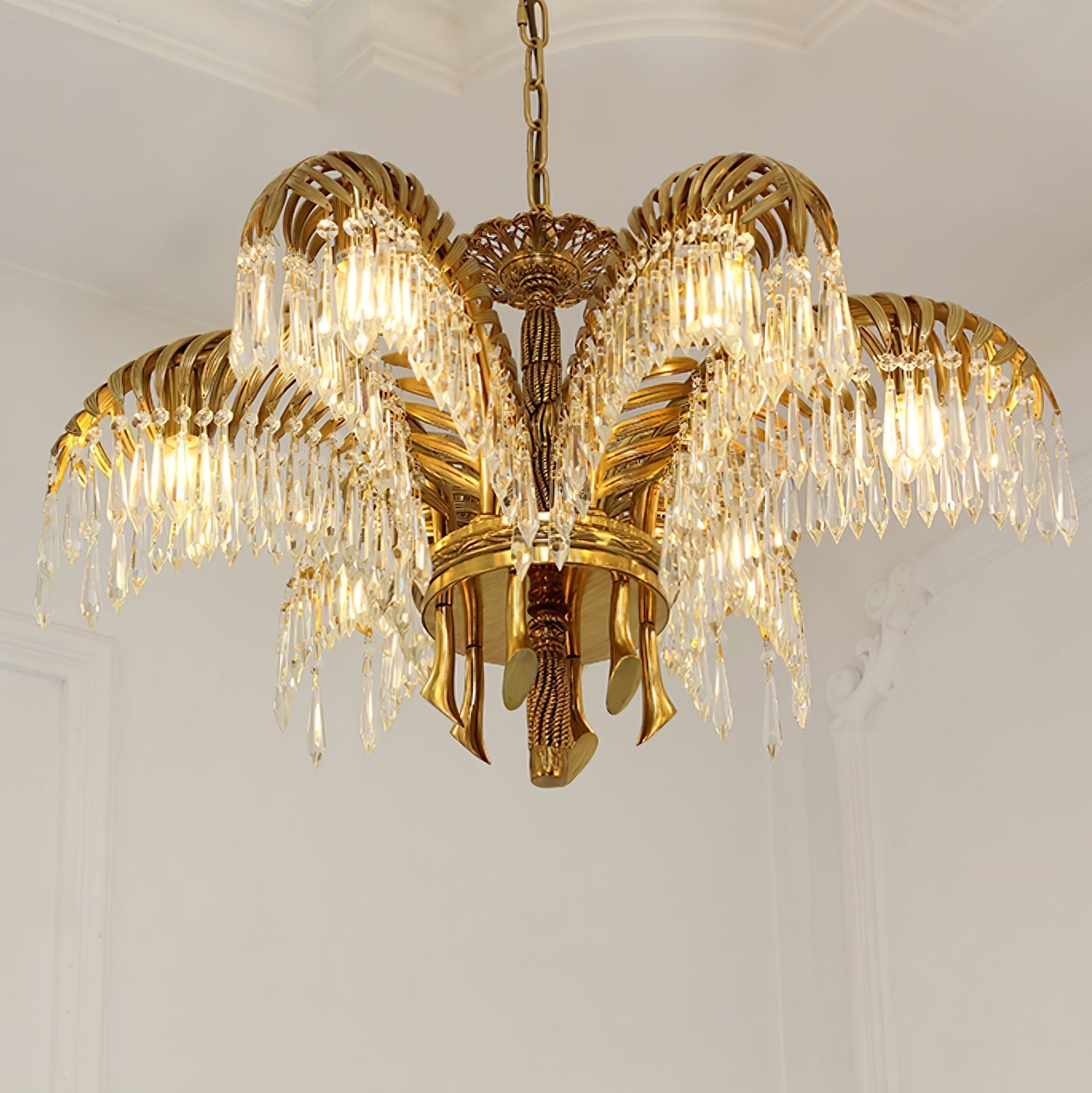 Brass Palm Leaf Crystal Chandelier Chandelier