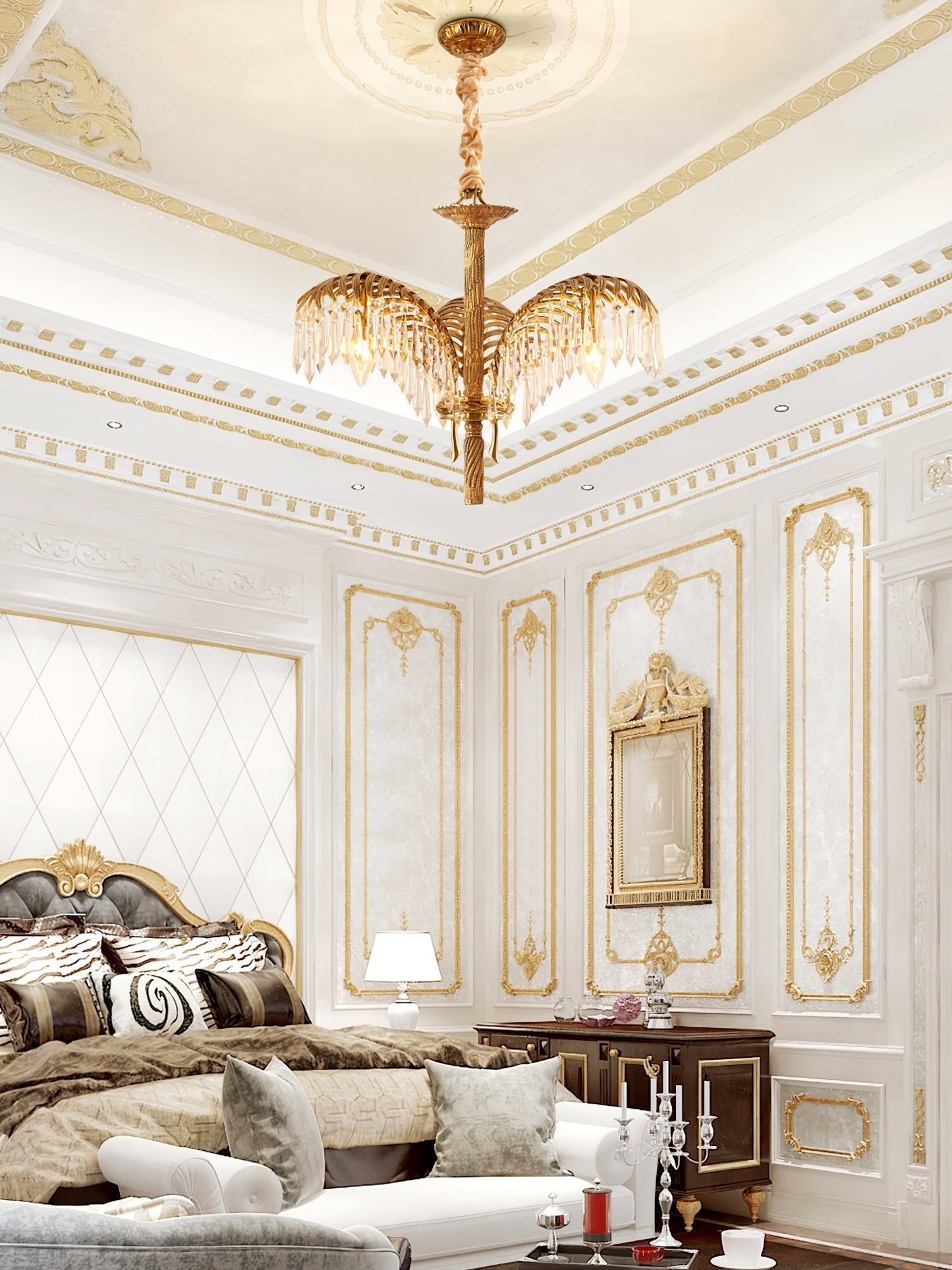 Brass Palm Leaf Crystal Chandelier Chandelier