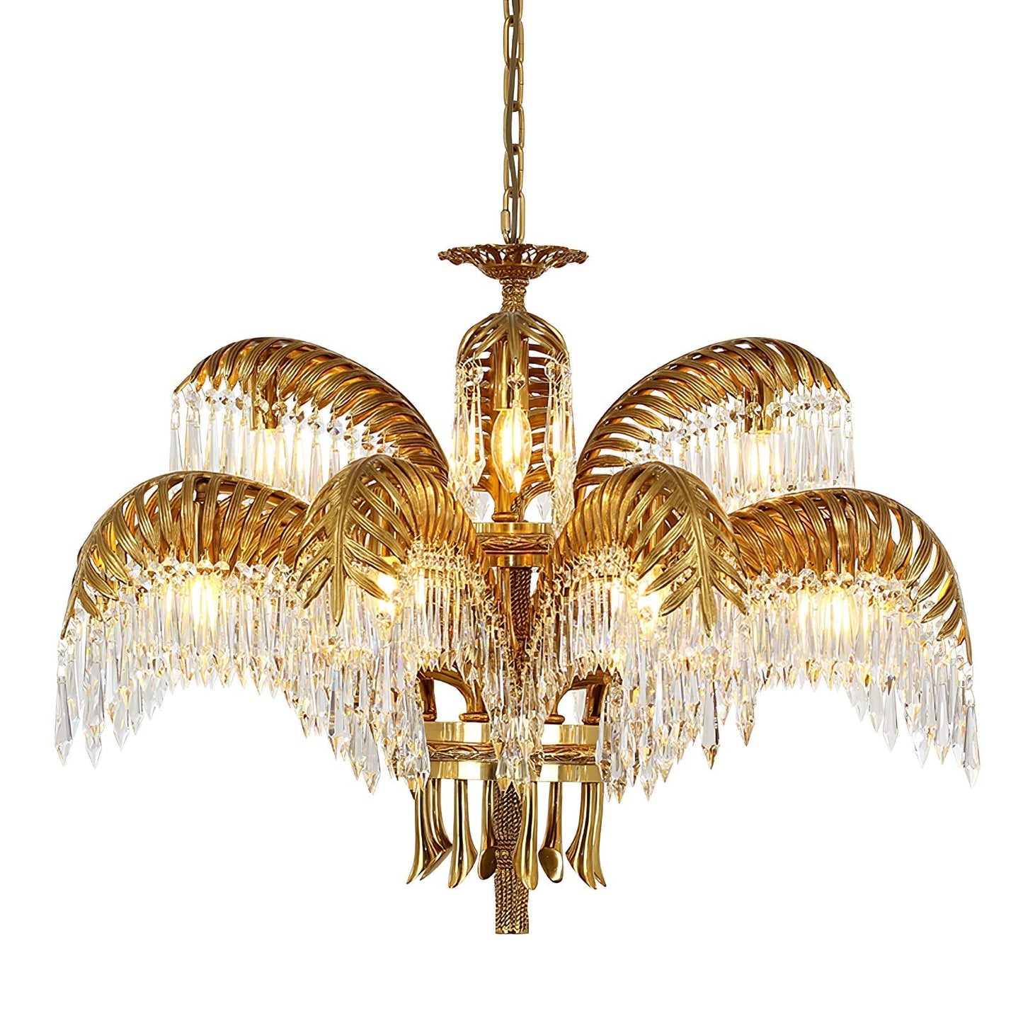 Brass Palm Leaf Crystal Chandelier 4 + 8 Heads ? 32.3″ x H 29.5″ / Dia 82cm x H 75cm / Brass & Clear crystal Chandelier