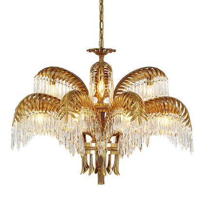 Brass Palm Leaf Crystal Chandelier 4 + 8 Heads ? 32.3″ x H 29.5″ / Dia 82cm x H 75cm / Brass & Clear crystal Chandelier
