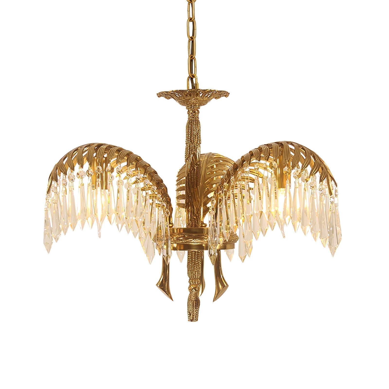 Brass Palm Leaf Crystal Chandelier 3 Heads Dia 21.3″ x H 16.5″ / Dia 54cm x H 42cm / Brass & Clear crystal Chandelier