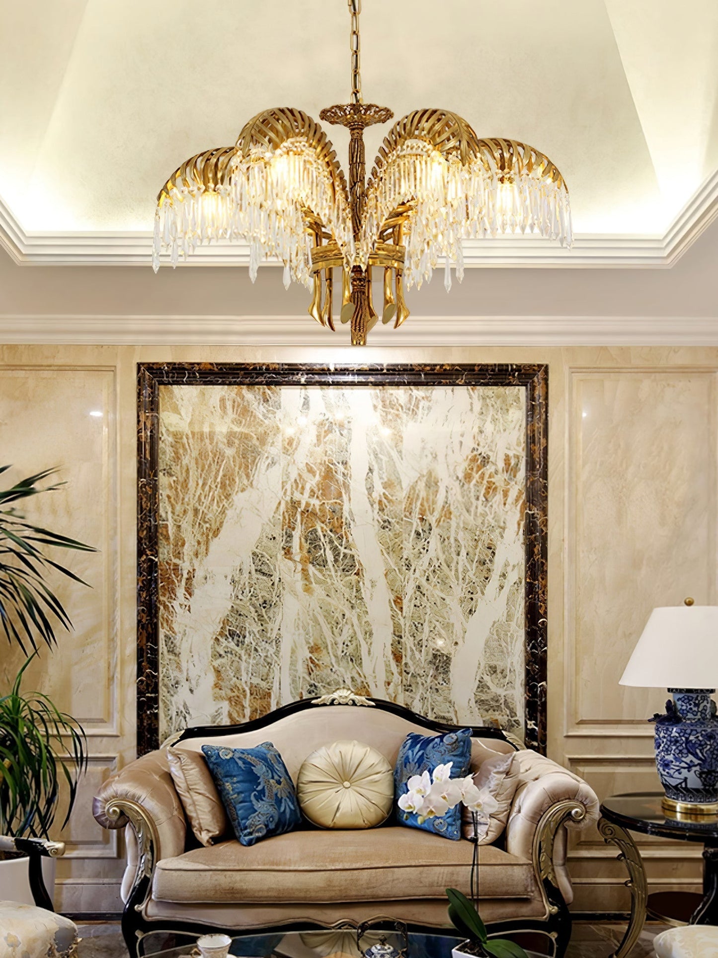 Brass Palm Leaf Crystal Chandelier Chandelier