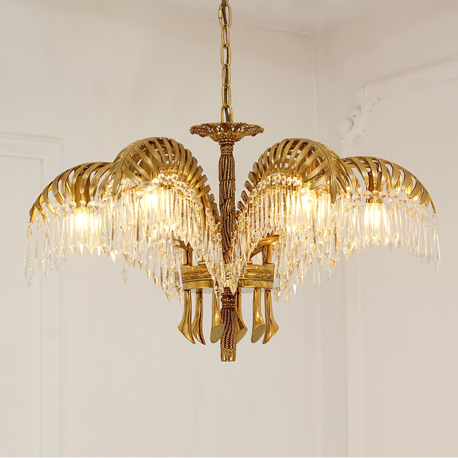 Brass Palm Leaf Crystal Chandelier Chandelier