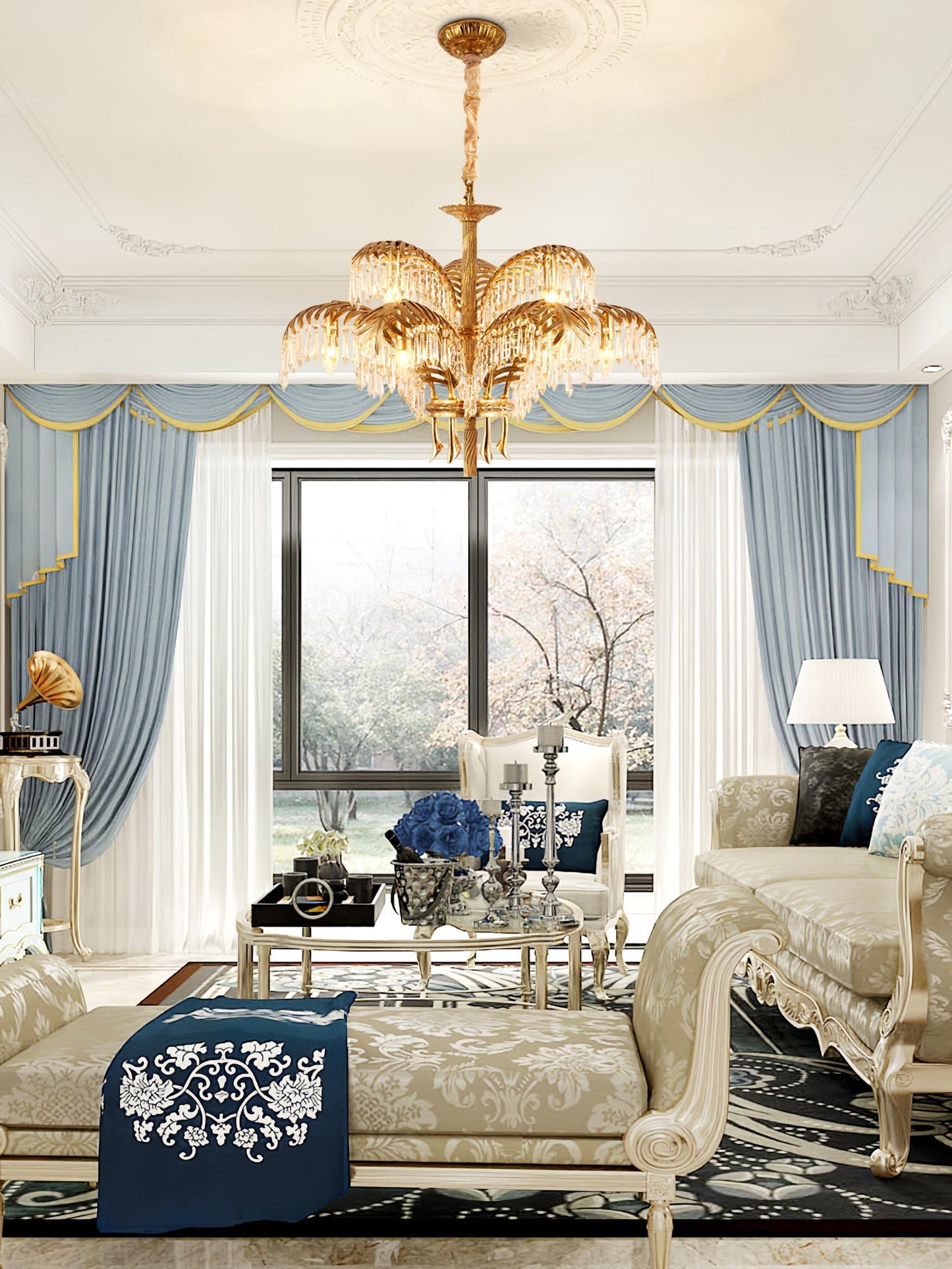 Brass Palm Leaf Crystal Chandelier Chandelier