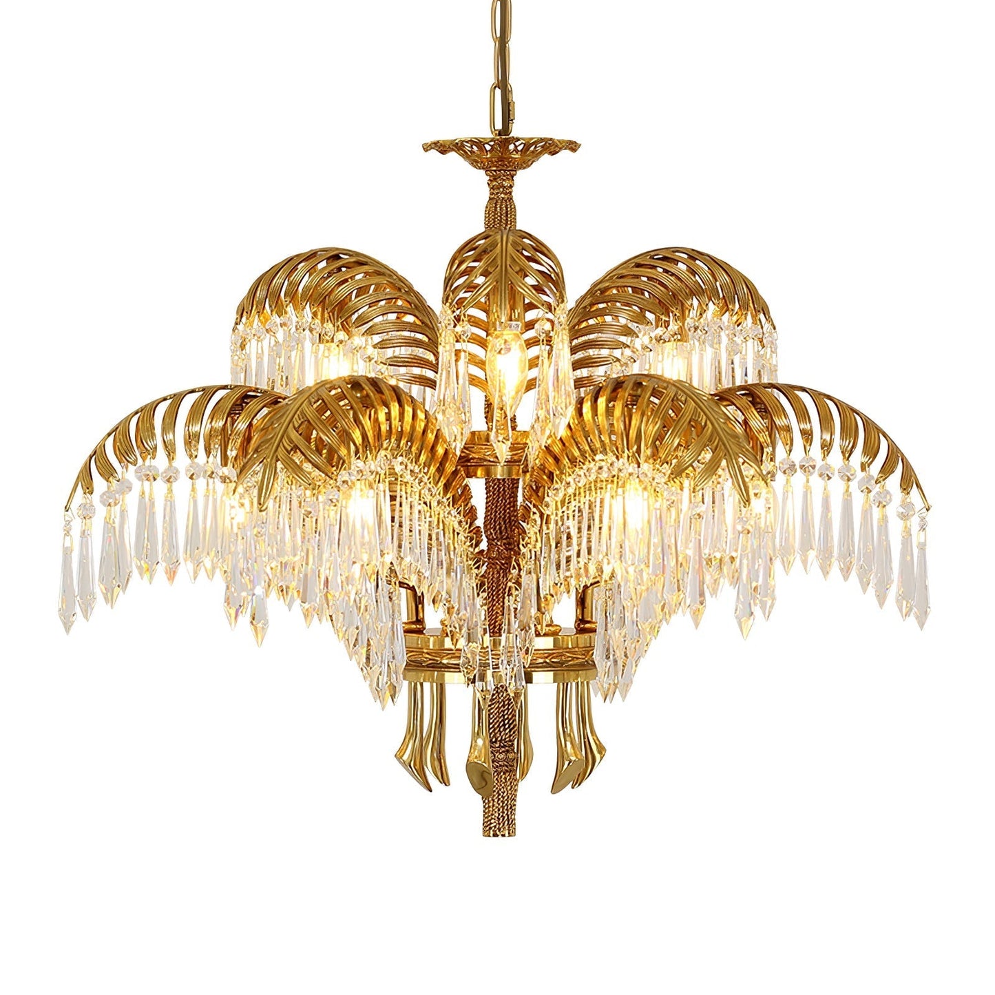 Brass Palm Leaf Crystal Chandelier 3 + 6 Heads ? 29.9″ x H 23.6″ / Dia 76cm x H 60cm / Brass & Clear crystal Chandelier