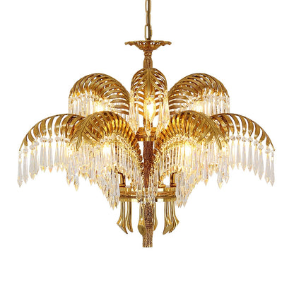 Brass Palm Leaf Crystal Chandelier 3 + 6 Heads ? 29.9″ x H 23.6″ / Dia 76cm x H 60cm / Brass & Clear crystal Chandelier