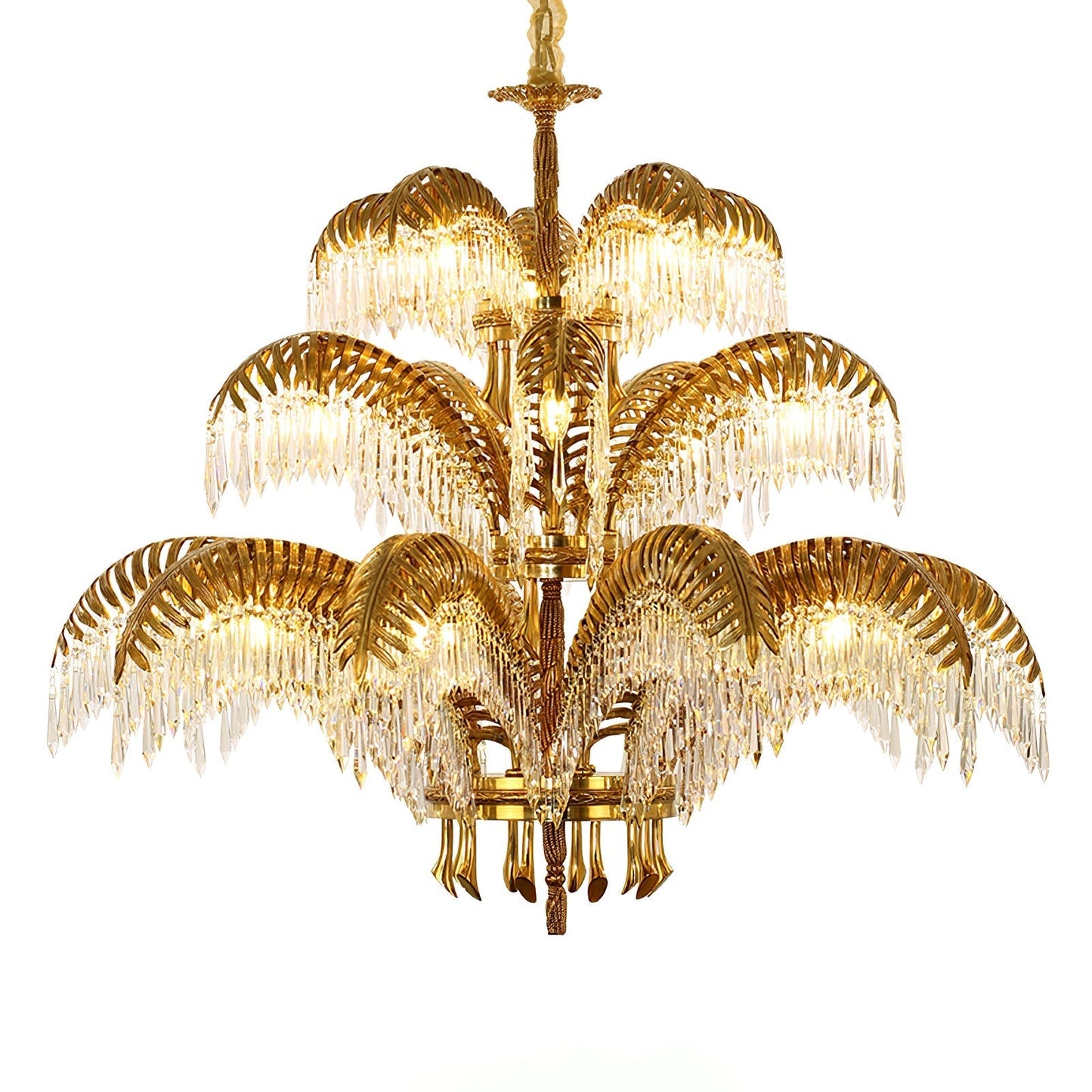 Brass Palm Leaf Crystal Chandelier 5 + 5 + 10 Heads ? 47.2″ x H 43.3″ / Dia 120cm x H 110cm / Brass & Clear crystal