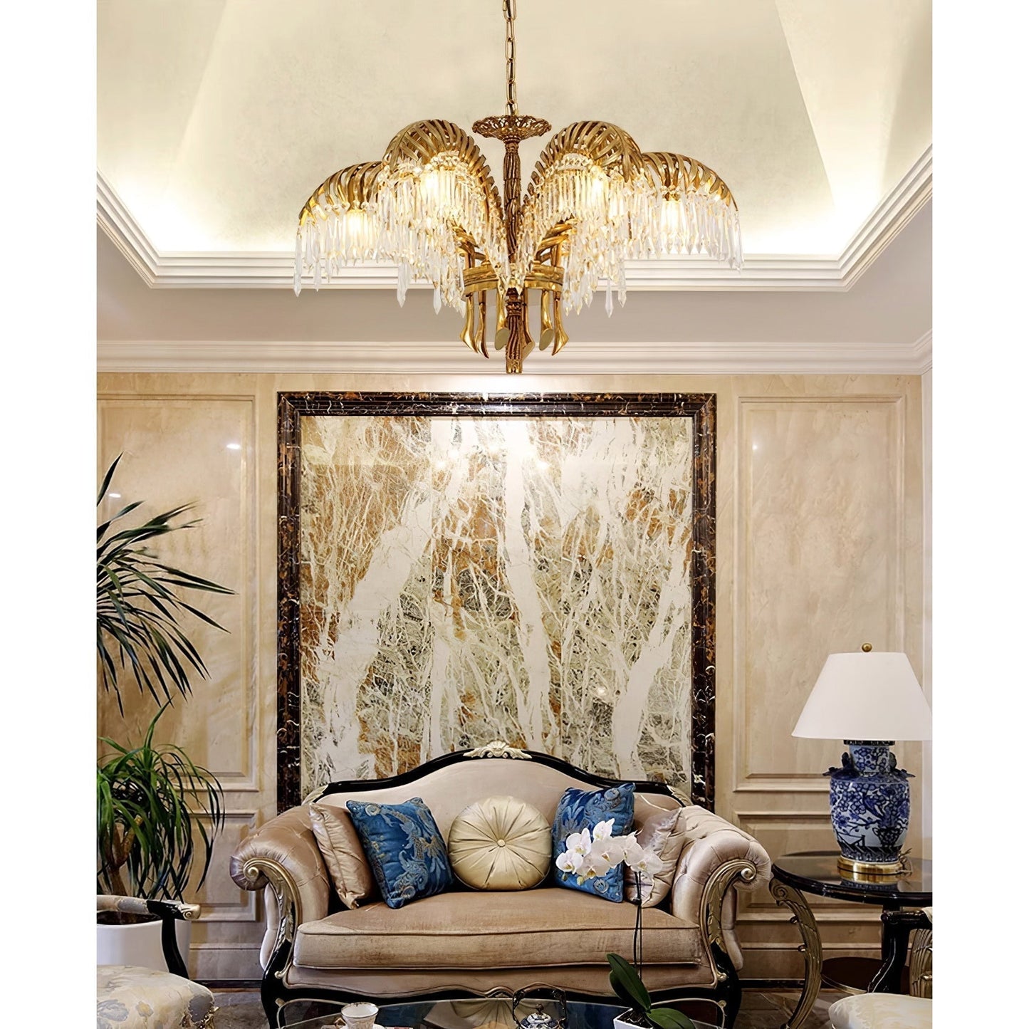 Brass Palm Leaf Crystal Chandelier Chandelier
