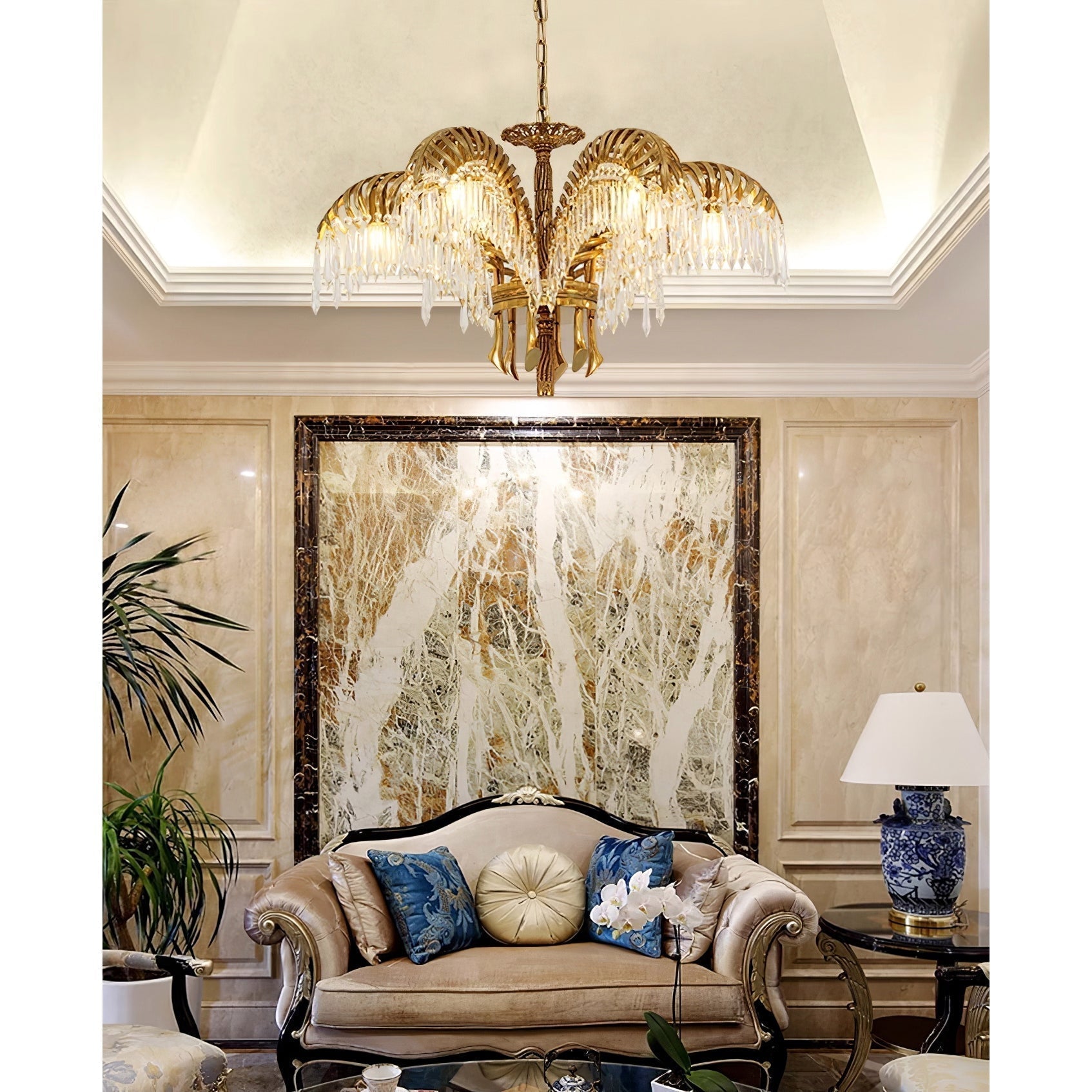 Brass Palm Leaf Crystal Chandelier Chandelier