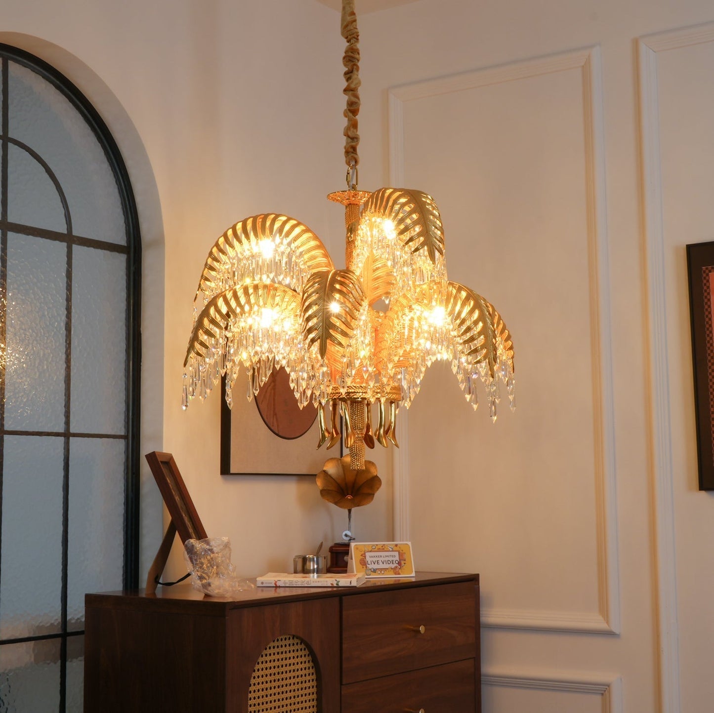 Brass Palm Leaf Crystal Chandelier Chandelier