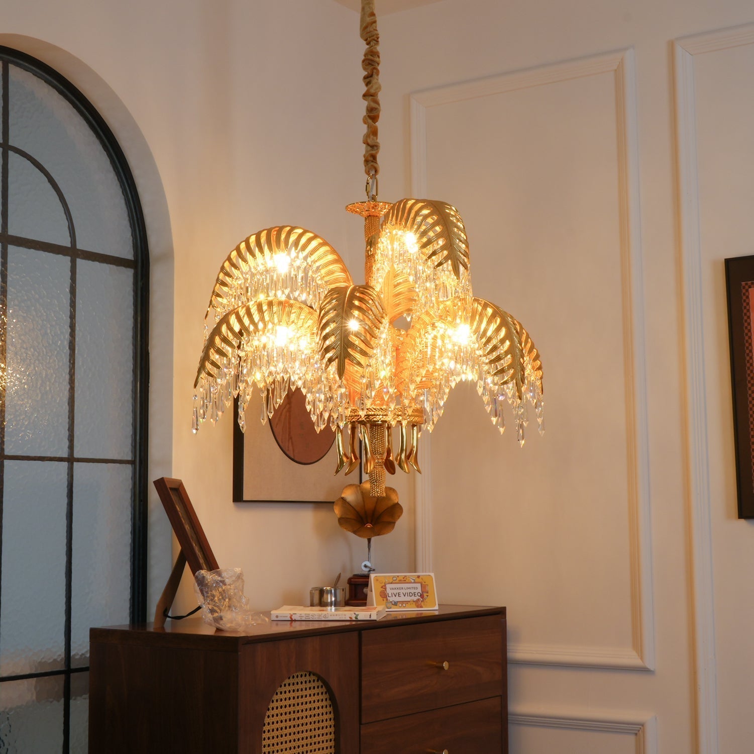 Brass Palm Leaf Crystal Chandelier Chandelier