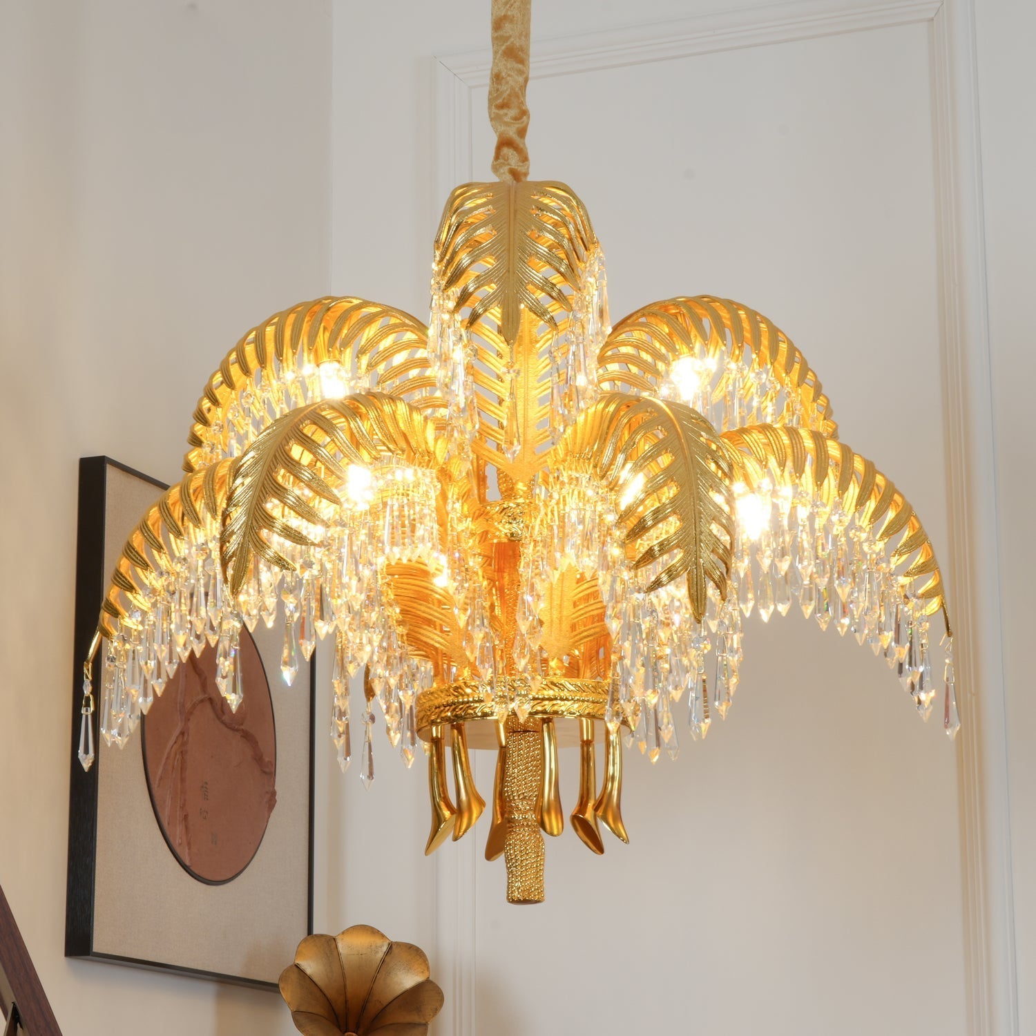 Brass Palm Leaf Crystal Chandelier Chandelier