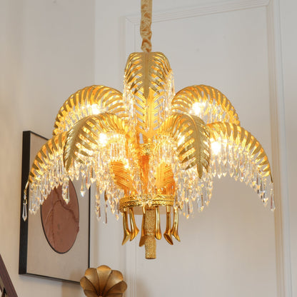 Brass Palm Leaf Crystal Chandelier Chandelier