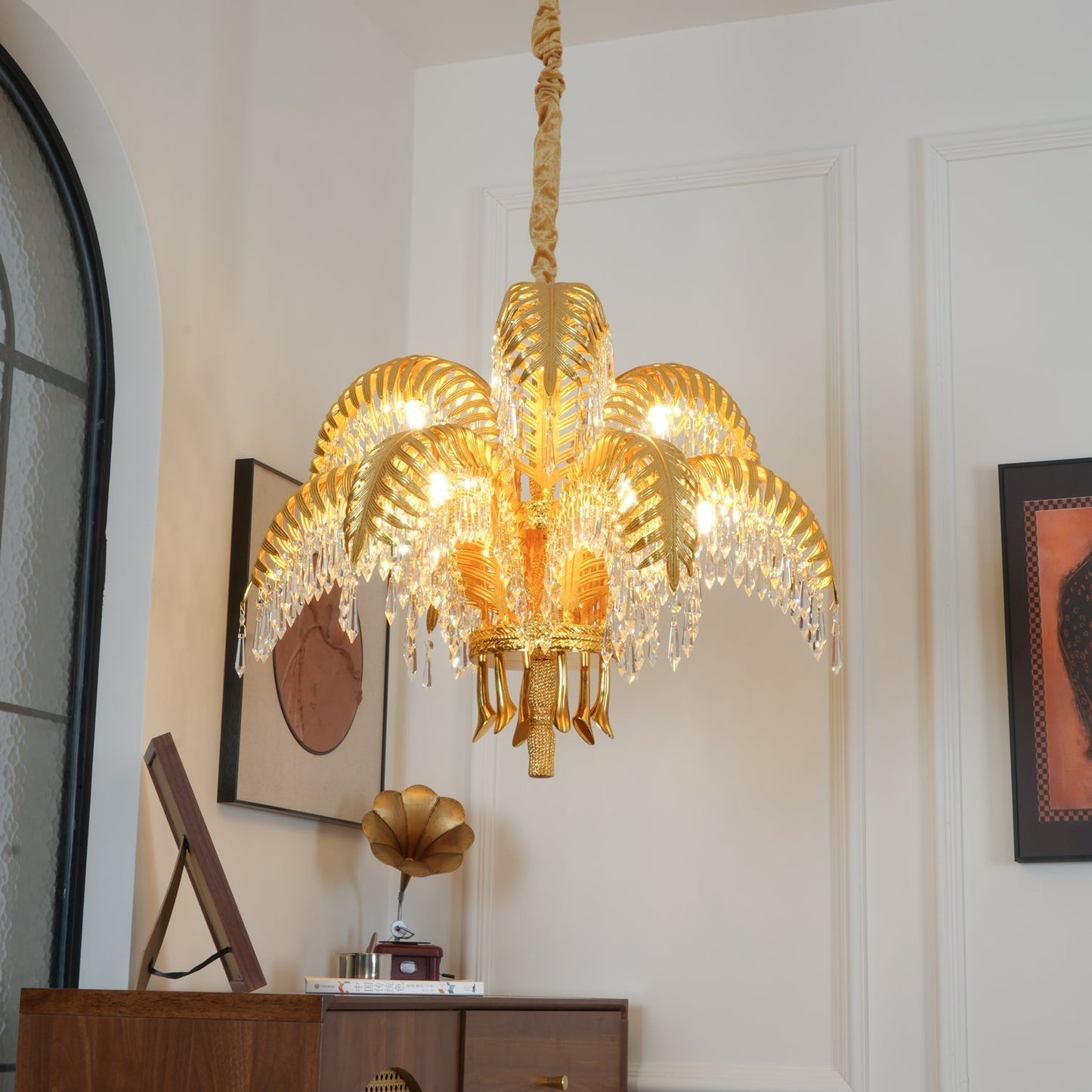 Brass Palm Leaf Crystal Chandelier Chandelier