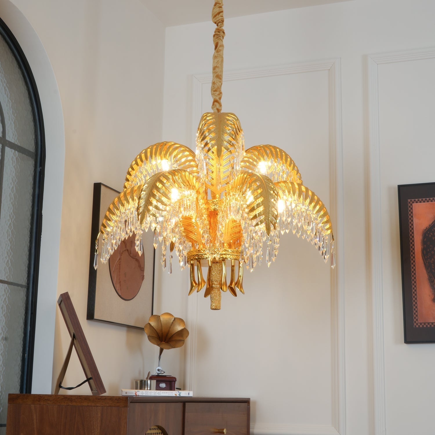Brass Palm Leaf Crystal Chandelier Chandelier