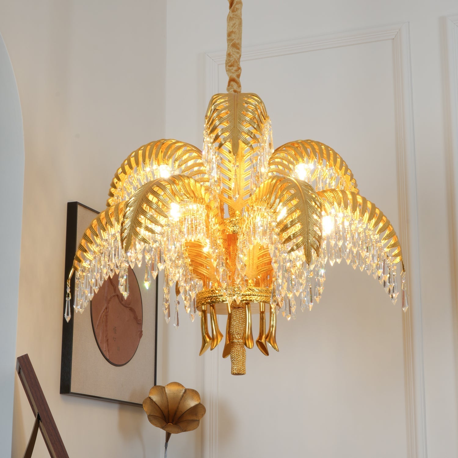 Brass Palm Leaf Crystal Chandelier Chandelier