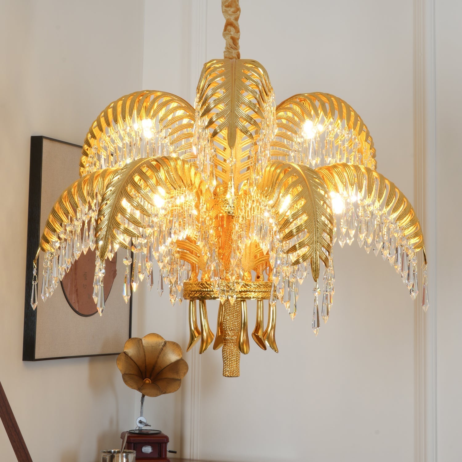 Brass Palm Leaf Crystal Chandelier Chandelier