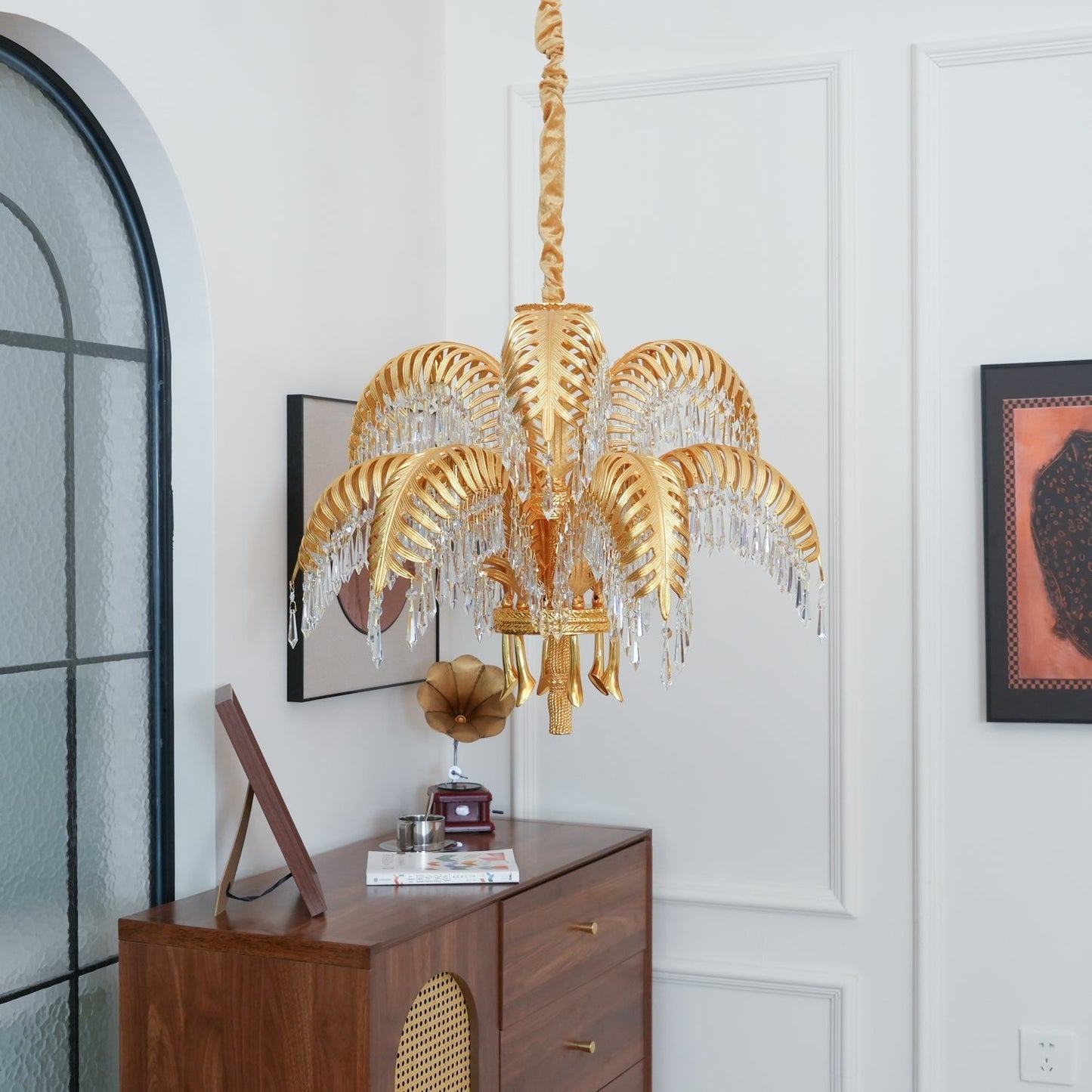 Brass Palm Leaf Crystal Chandelier Chandelier