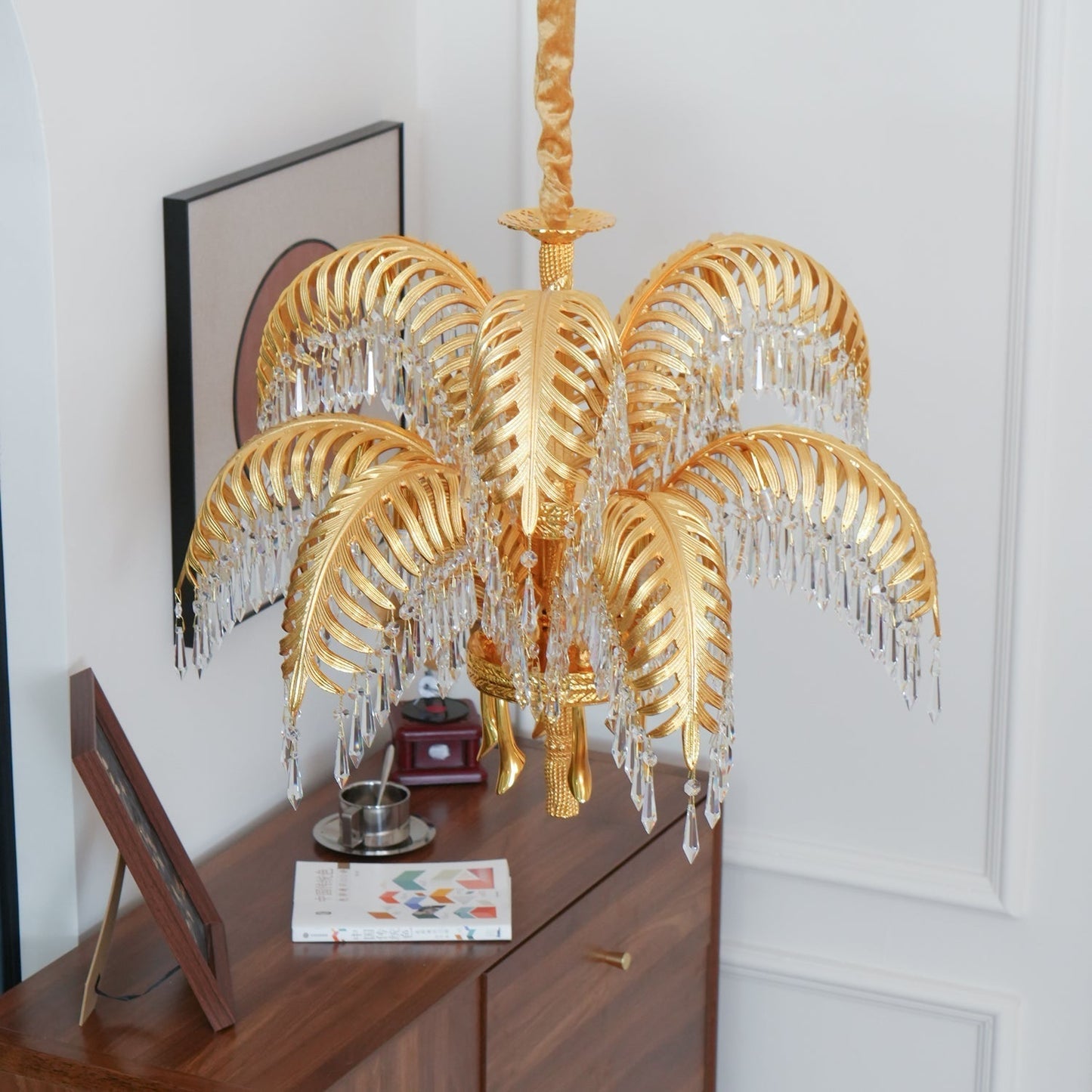 Brass Palm Leaf Crystal Chandelier Chandelier