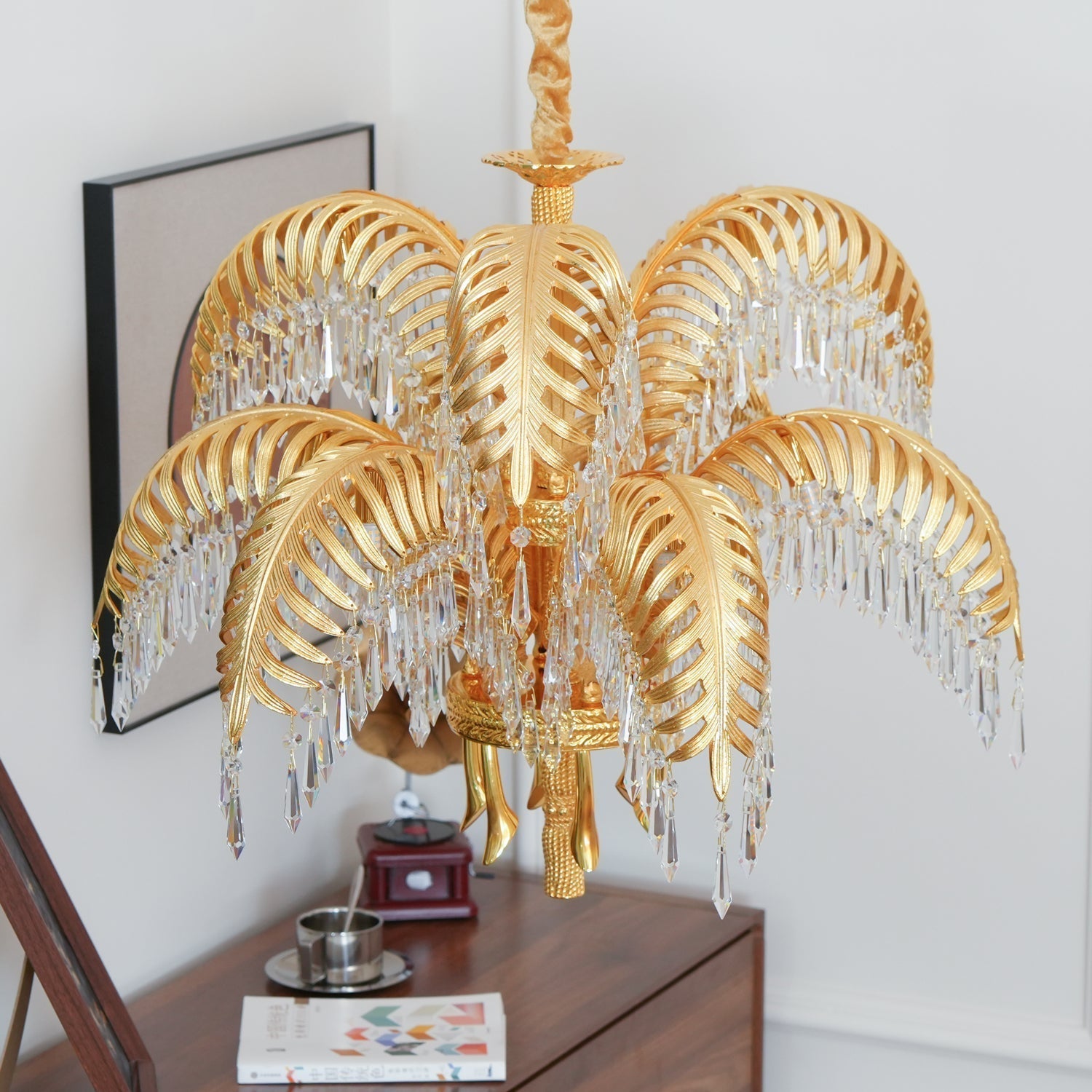 Brass Palm Leaf Crystal Chandelier Chandelier