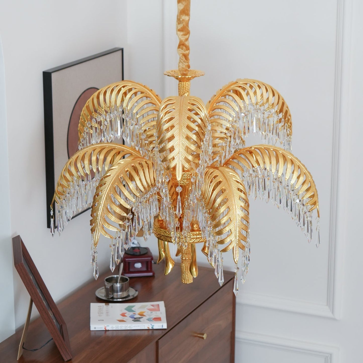 Brass Palm Leaf Crystal Chandelier Chandelier
