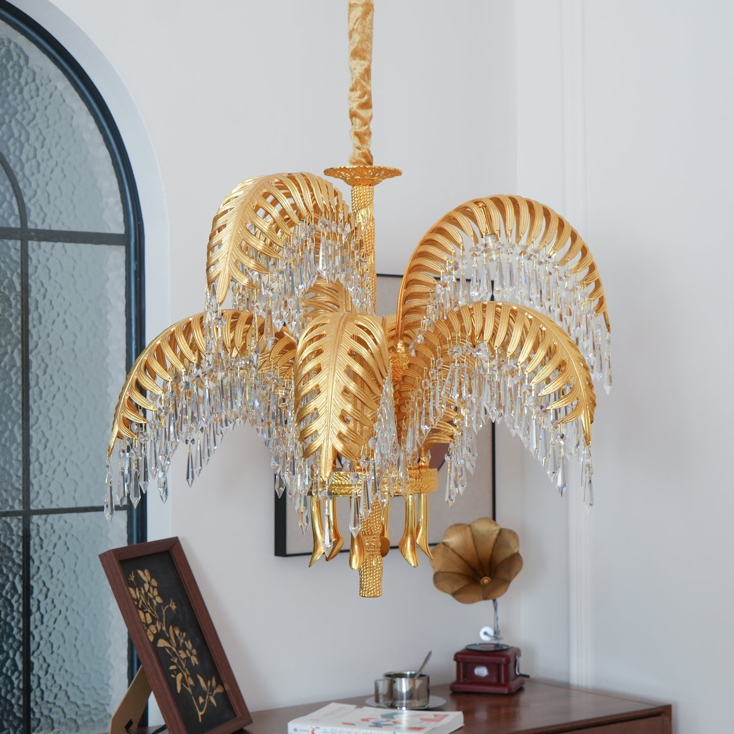 Brass Palm Leaf Crystal Chandelier Chandelier