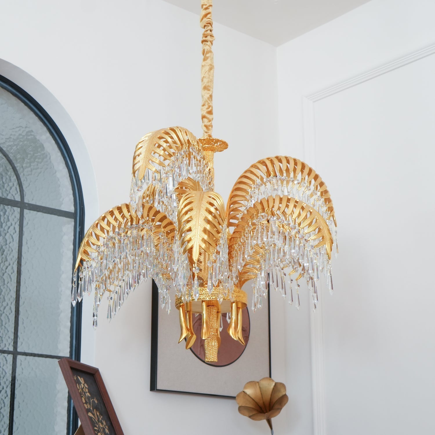 Brass Palm Leaf Crystal Chandelier Chandelier