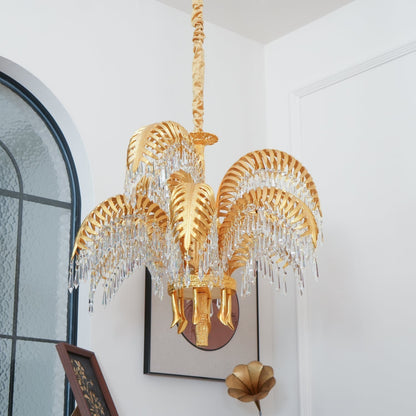 Brass Palm Leaf Crystal Chandelier Chandelier