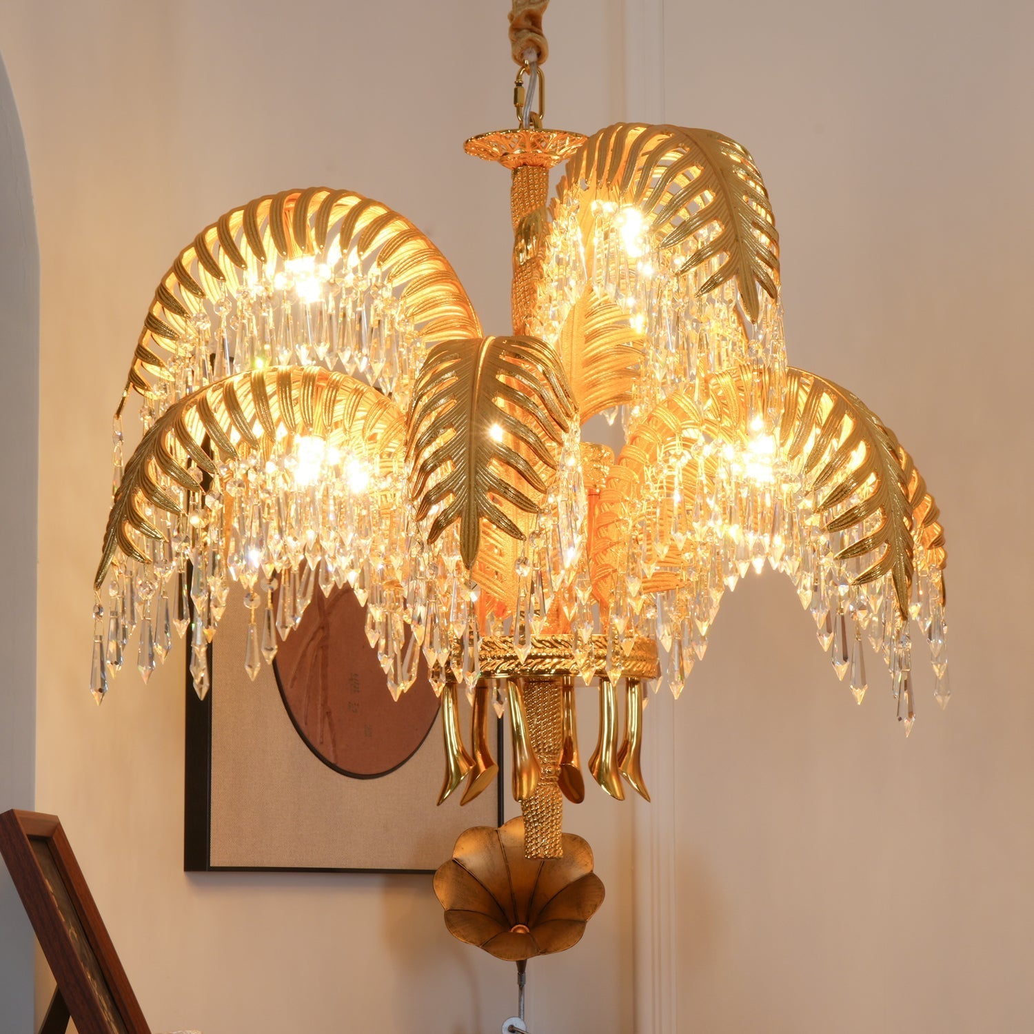 Brass Palm Leaf Crystal Chandelier Chandelier