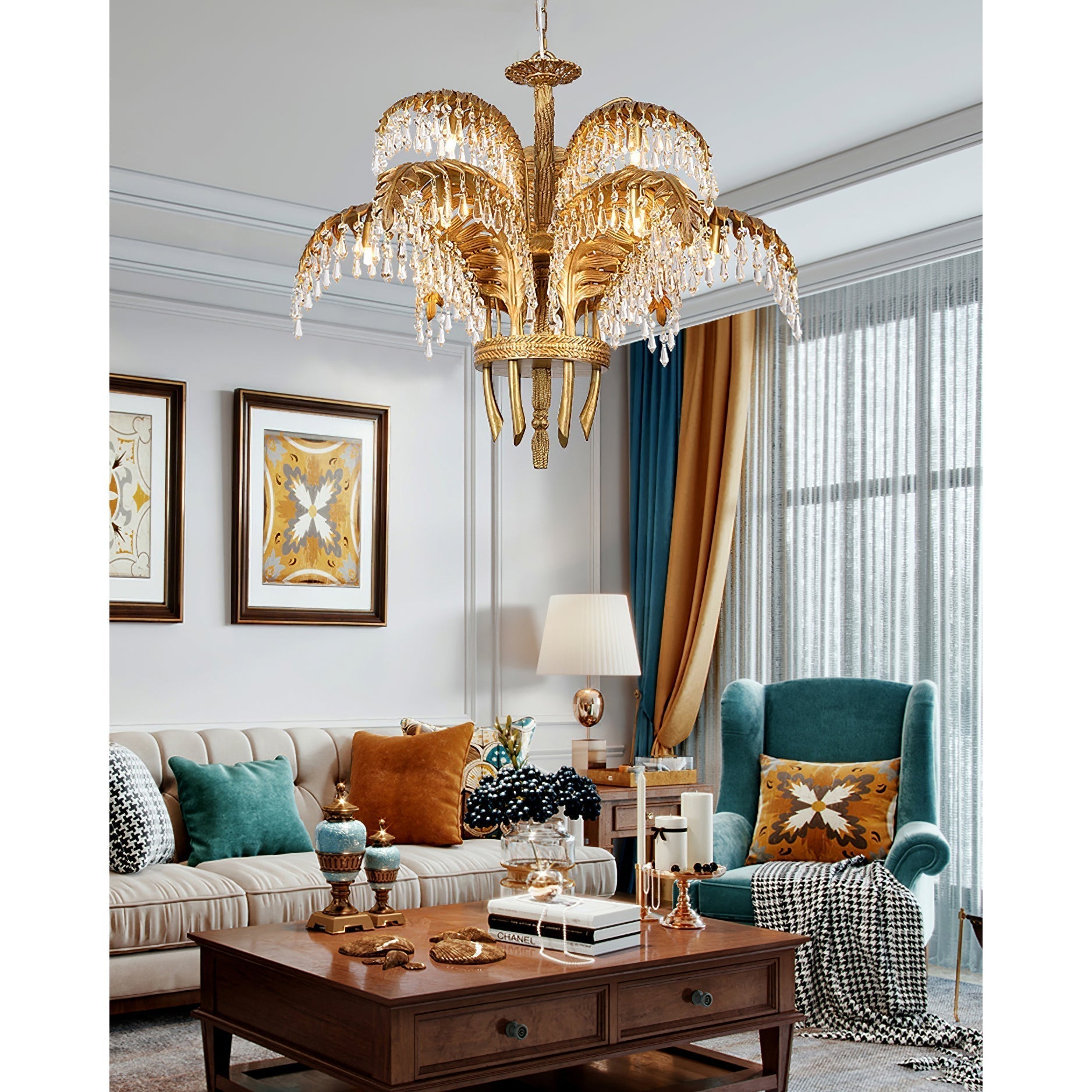 Brass Palm Leaf Crystal Chandelier Chandelier