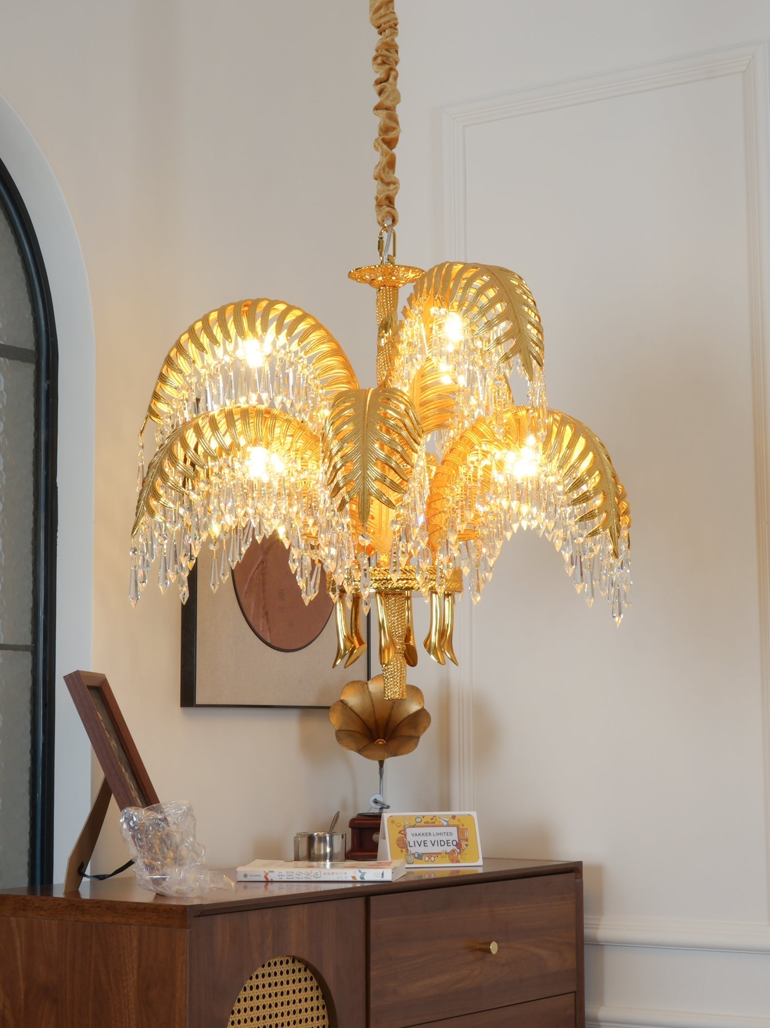 Brass Palm Leaf Crystal Chandelier Chandelier