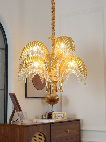 Brass Palm Leaf Crystal Chandelier Chandelier