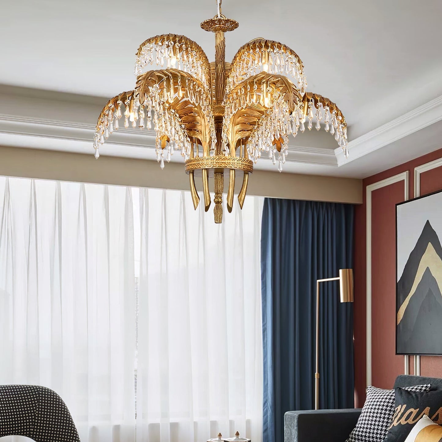 Brass Palm Leaf Crystal Chandelier Chandelier