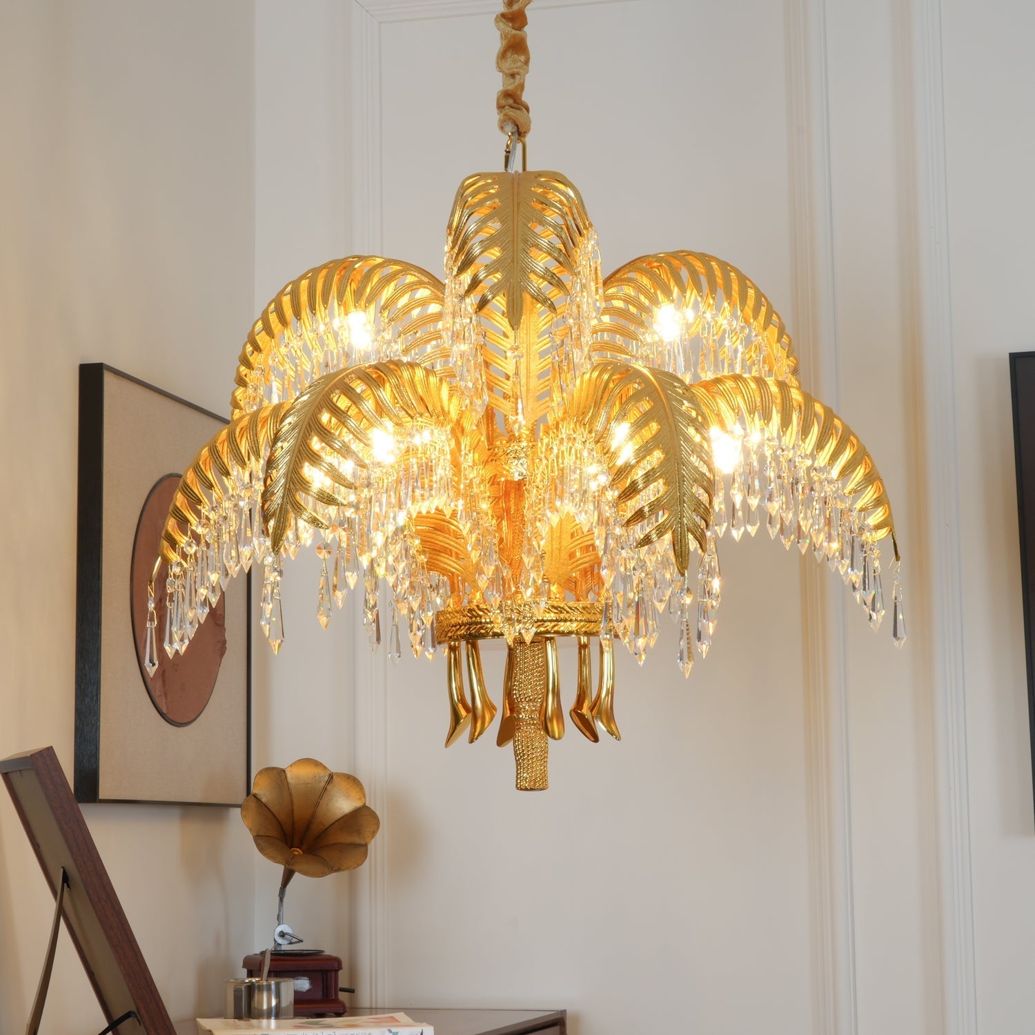 Brass Palm Leaf Crystal Chandelier Chandelier