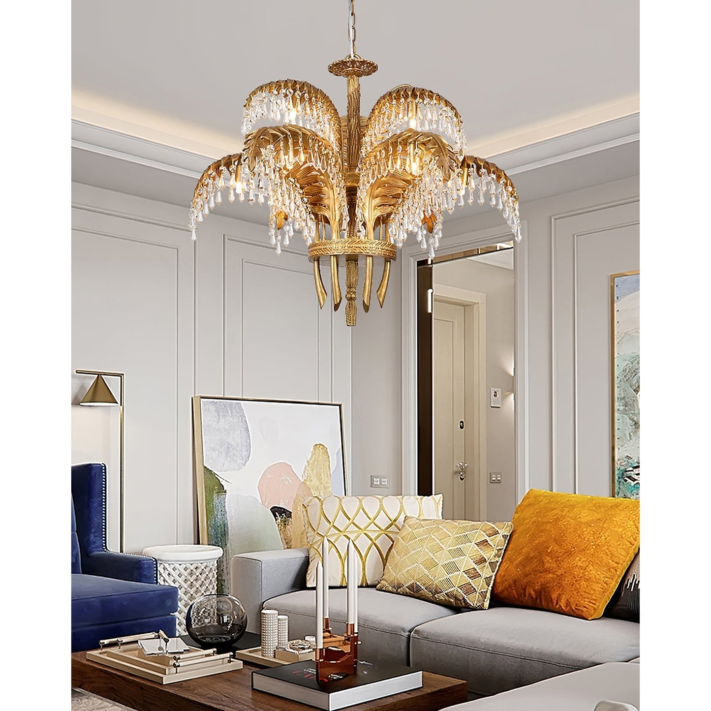 Brass Palm Leaf Crystal Chandelier Chandelier