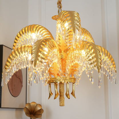 Brass Palm Leaf Crystal Chandelier Chandelier