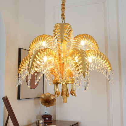 Brass Palm Leaf Crystal Chandelier Chandelier