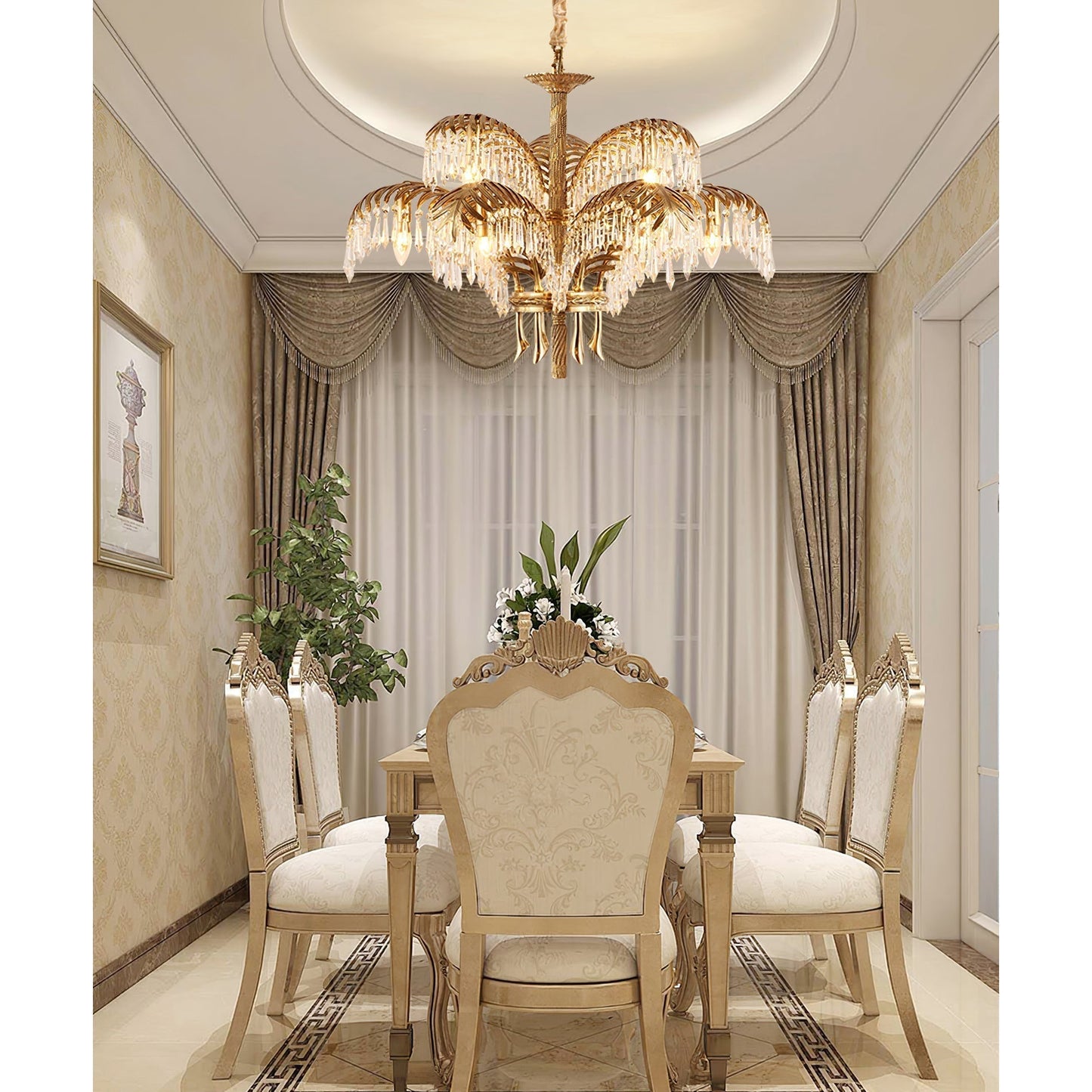 Brass Palm Leaf Crystal Chandelier Chandelier