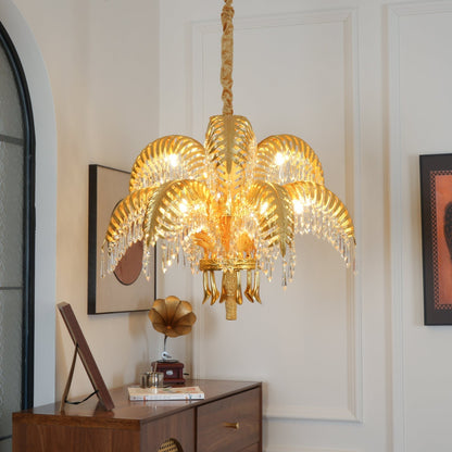 Brass Palm Leaf Crystal Chandelier Chandelier